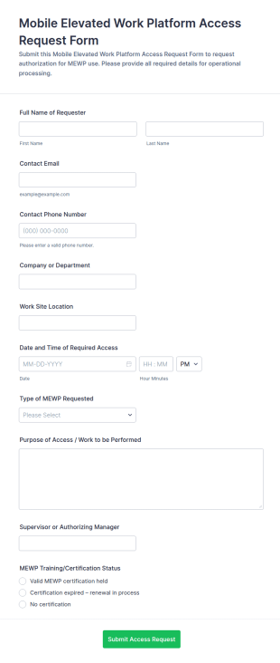 Mobile Elevated Work Platform Access Request Form Template