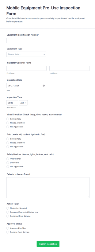 Mobile Equipment Pre Use Inspection Form Template