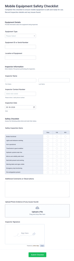 Mobile Equipment Safety Checklist Form Template