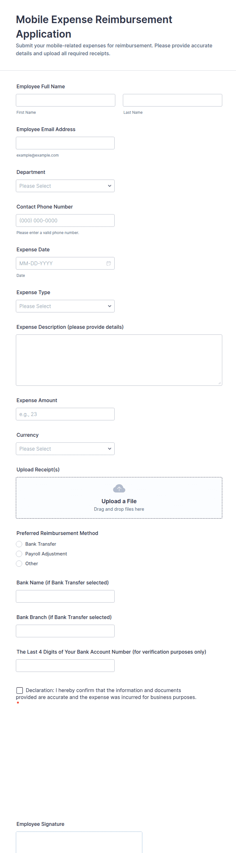 Mobile Expense Reimbursement Application Form Template | Jotform