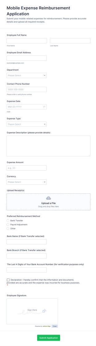 Mobile Expense Reimbursement Application Form Template