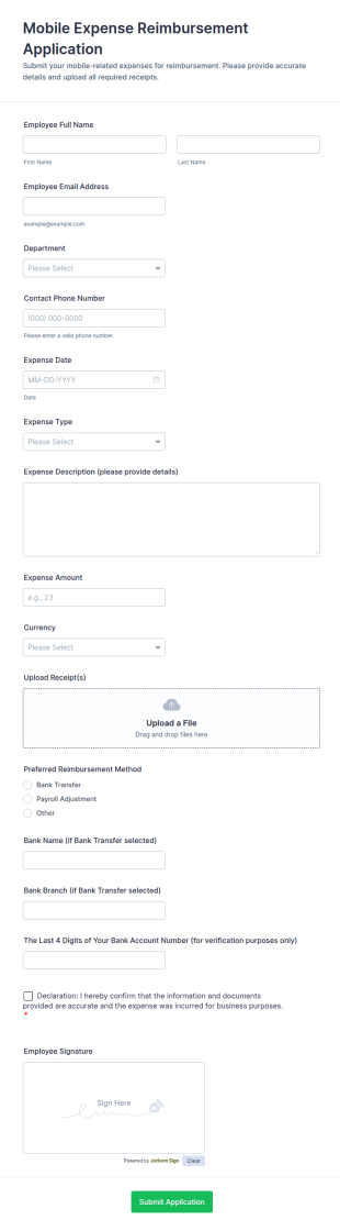 Mobile Expense Reimbursement Application Form Template