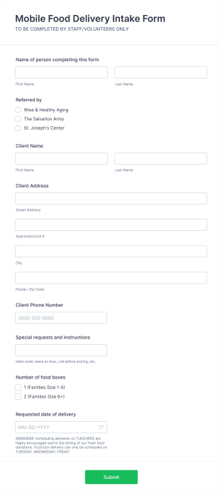 Staff Use Mobile Food Delivery Intake Form Template