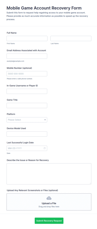 Mobile Game Account Recovery Form Template