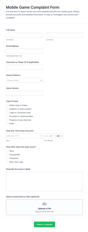 Mobile Game Complaint Form Template