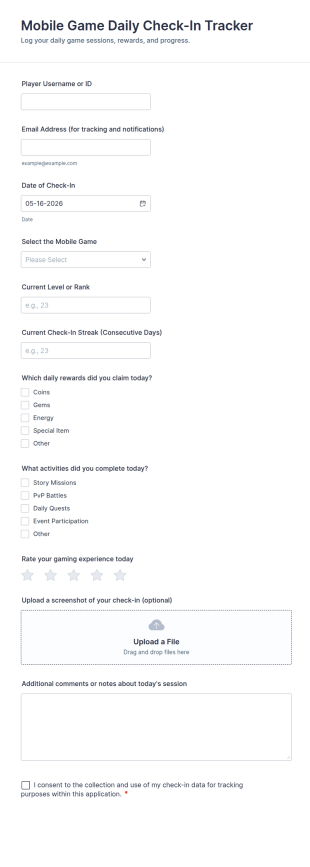 Mobile Game Daily Check In Tracker Form Template