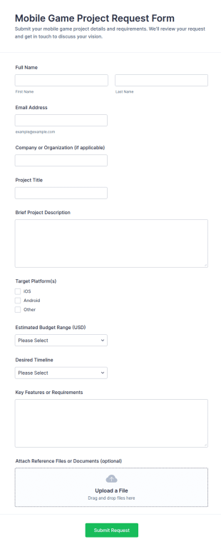 Mobile Game Project Request Form Template