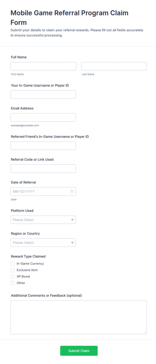 Mobile Game Referral Program Claim Form Template