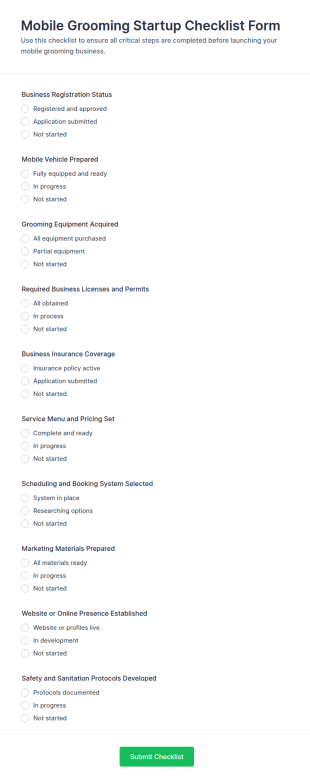 Mobile Grooming Startup Checklist Form Template