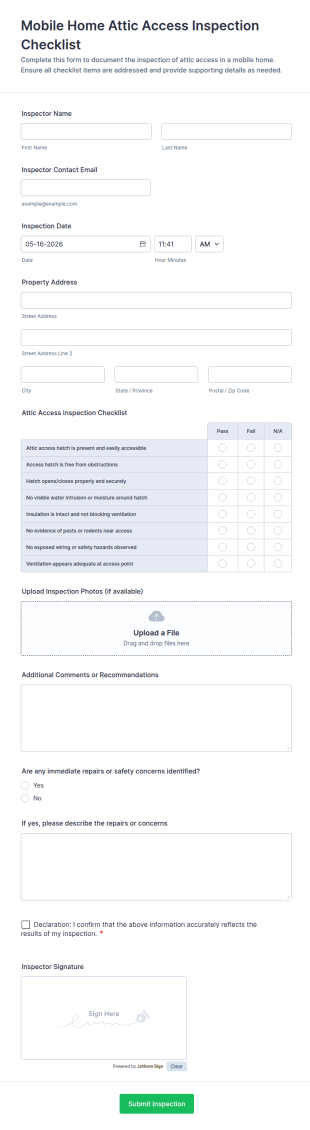 Mobile Home Attic Access Inspection Checklist Form Template