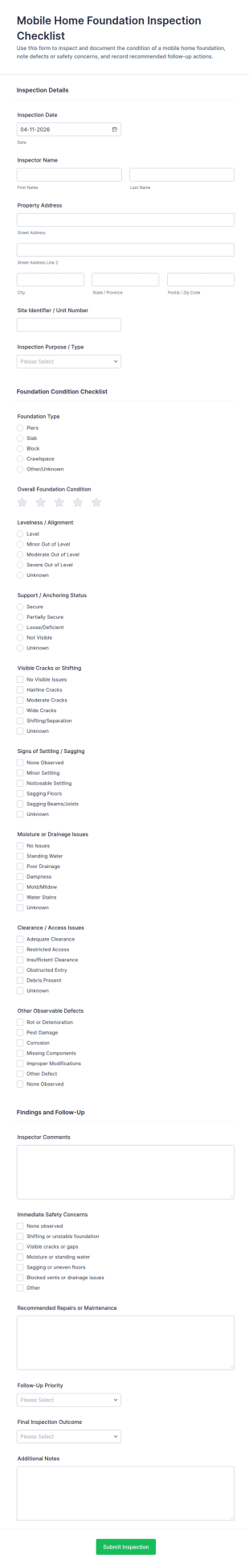 Mobile Home Foundation Inspection Checklist Form Template