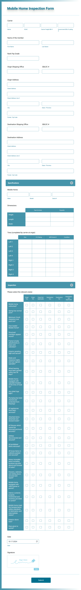 Mobile Home Inspection Form Template