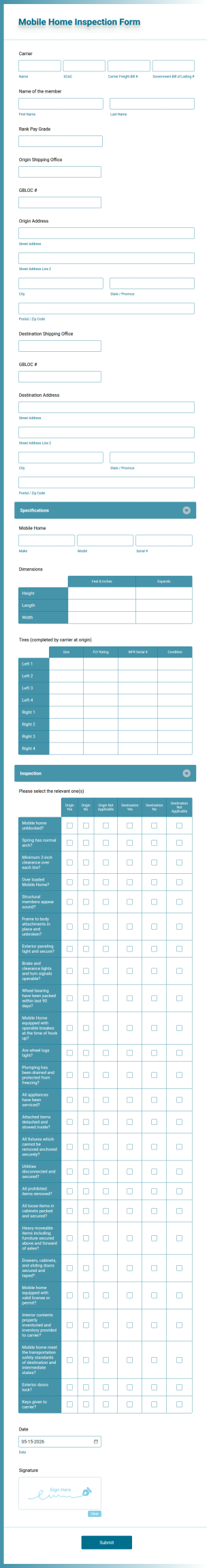 Mobile Home Inspection Form Template