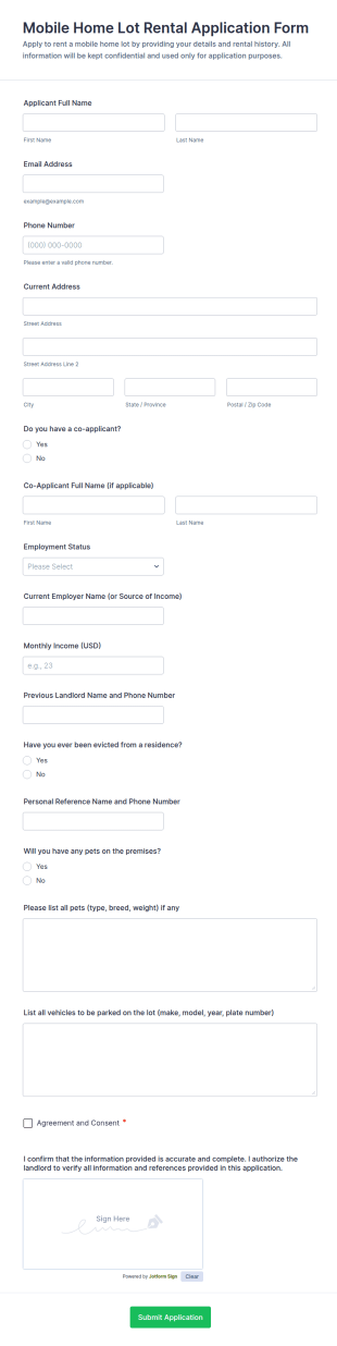 Mobile Home Lot Rental Application Form Template