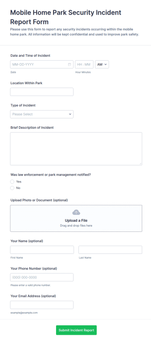Mobile Home Park Security Incident Report Form Template