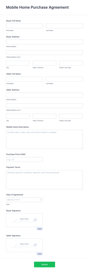 Mobile Home Purchase Agreement Form Template