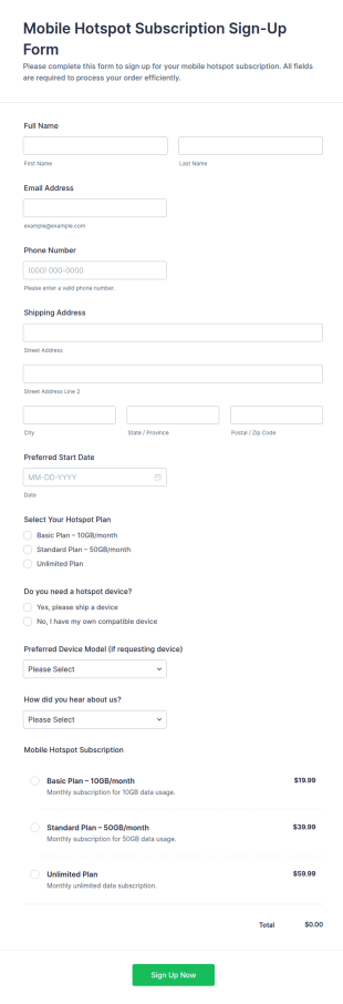 Mobile Hotspot Subscription Sign Up Form Template