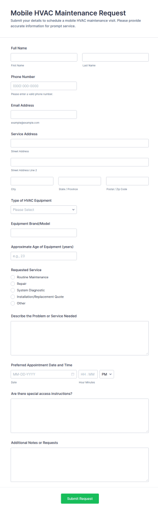 Mobile HVAC Maintenance Request Form Template