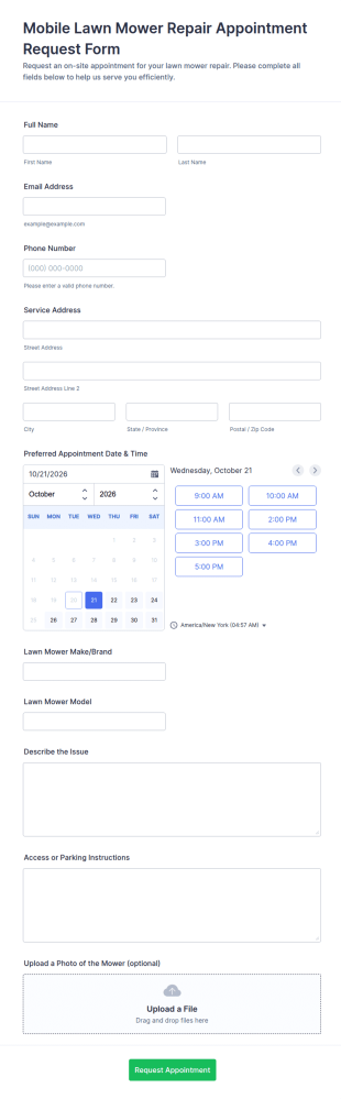 Mobile Lawn Mower Repair Appointment Request Form Template