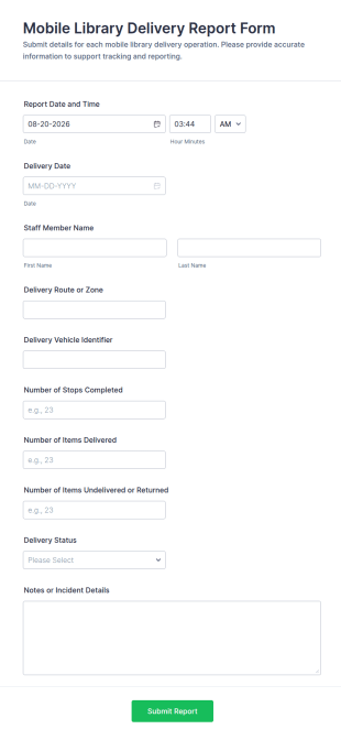 Mobile Library Delivery Report Form Template