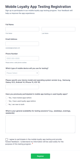 Mobile Loyalty App Testing Registration Form Template
