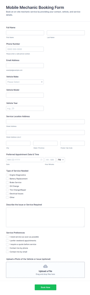 Mobile Mechanic Booking Form Template