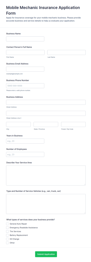 Mobile Mechanic Insurance Application Form Template