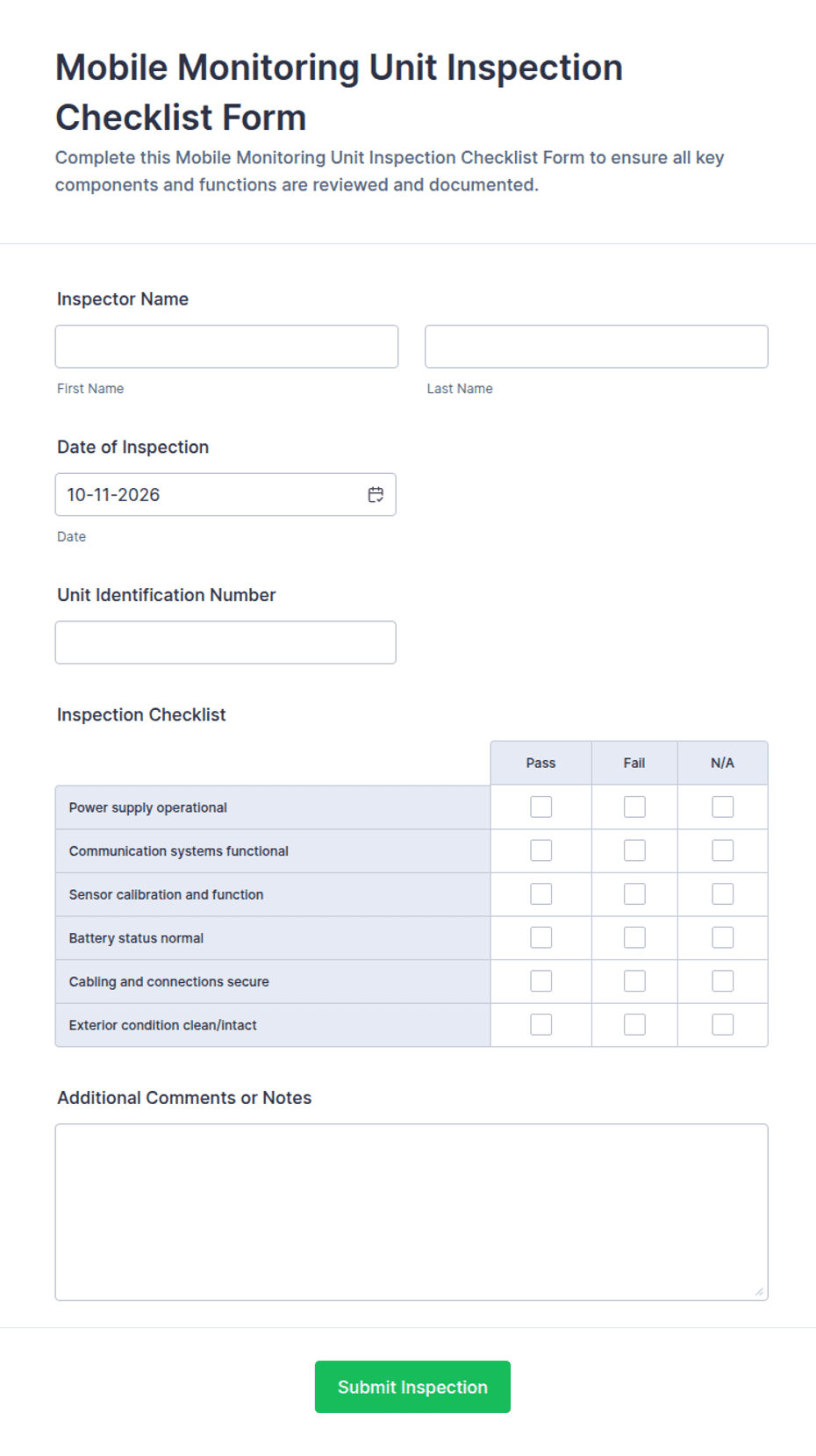 Mobile Monitoring Unit Inspection Checklist Form Template | Jotform