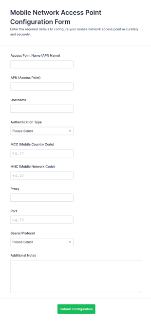 Mobile Network Access Point Configuration Form Template