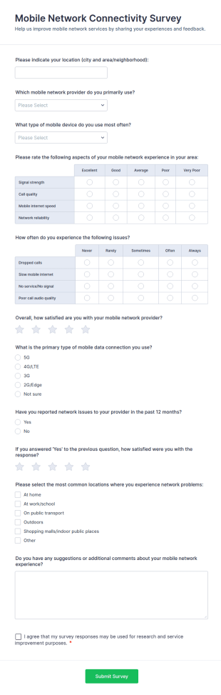 Mobile Network Connectivity Survey Form Template