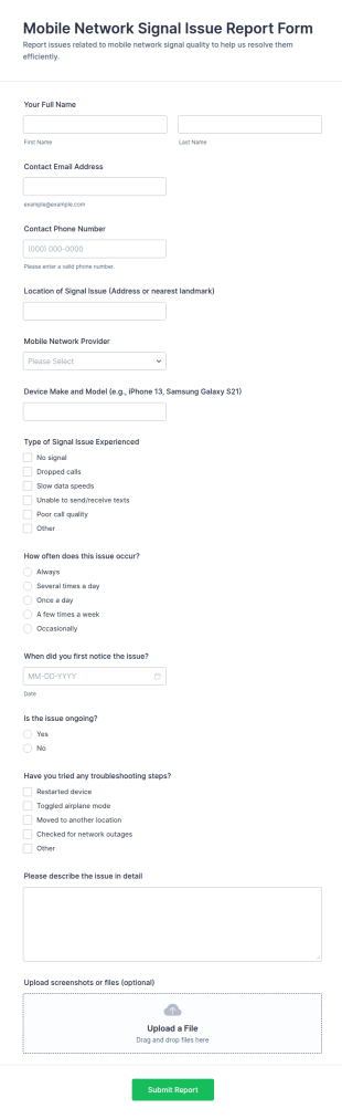 Mobile Network Signal Issue Report Form Template
