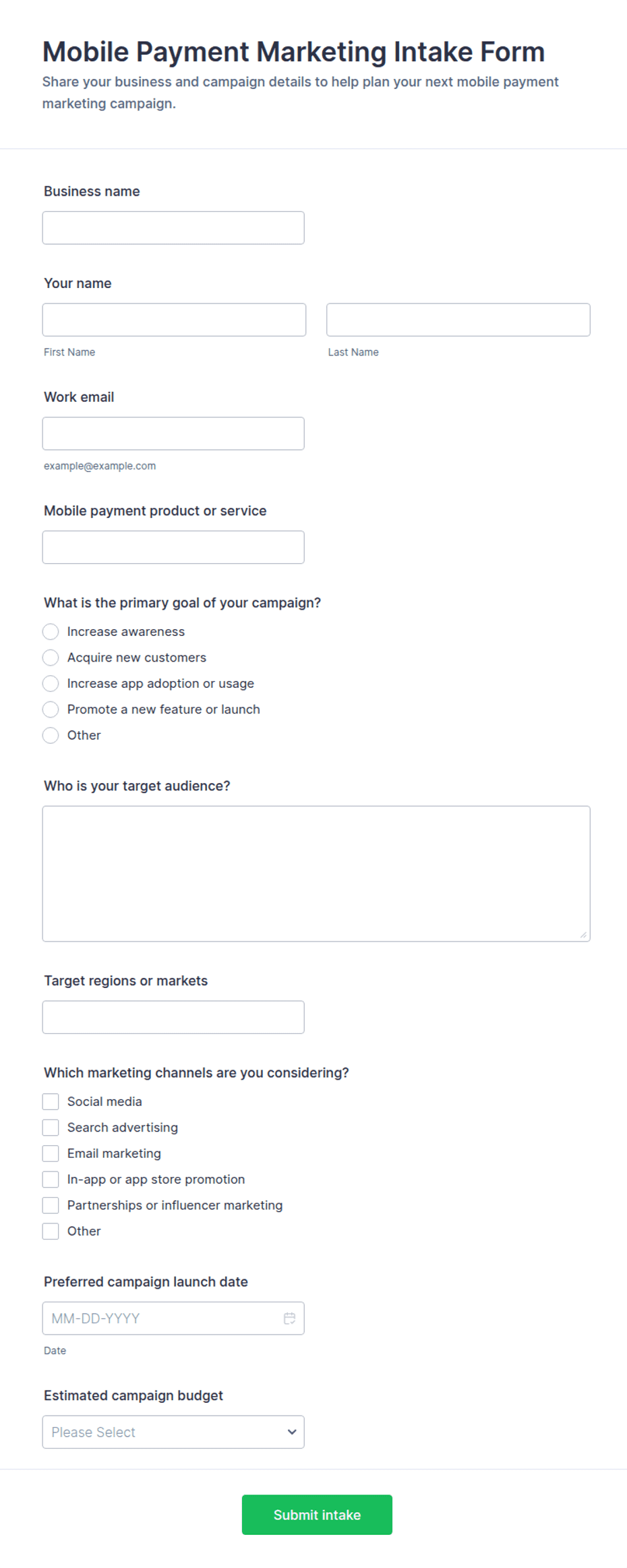 Portability Intake Form Mobile Payment Marketing Intake Form Template | Jotform