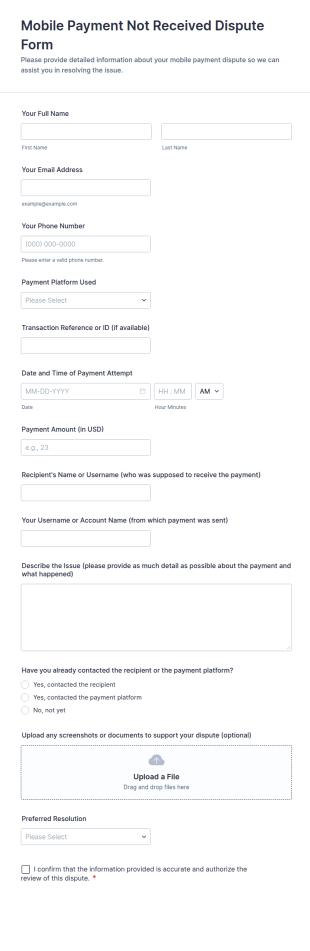 Mobile Payment Not Received Dispute Form Template