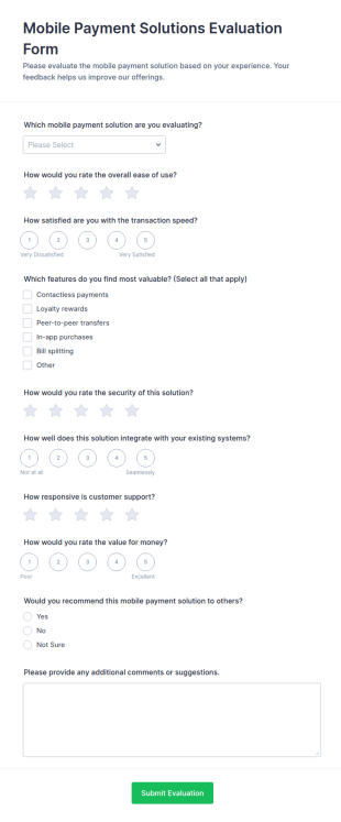 Mobile Payment Solutions Evaluation Questionnaire Form Template