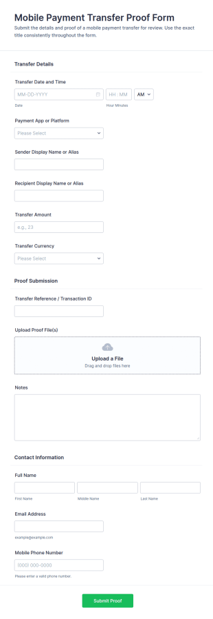 Mobile Payment Transfer Proof Form Template