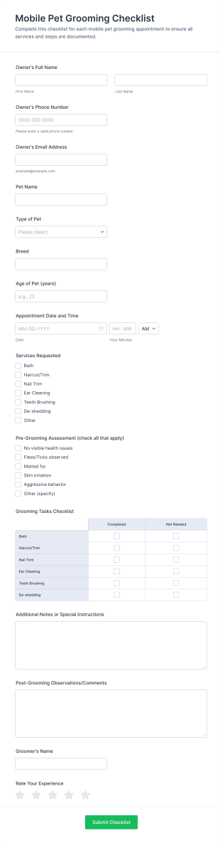 Mobile Pet Grooming Checklist Form Template