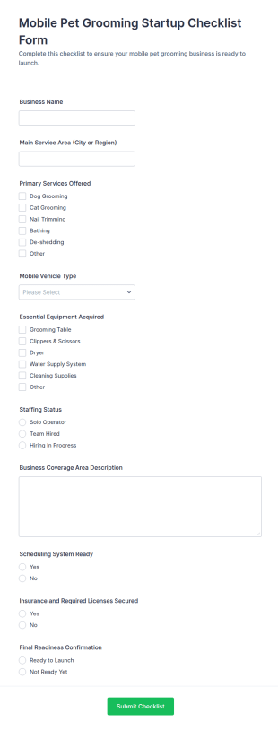 Mobile Pet Grooming Startup Checklist Form Template