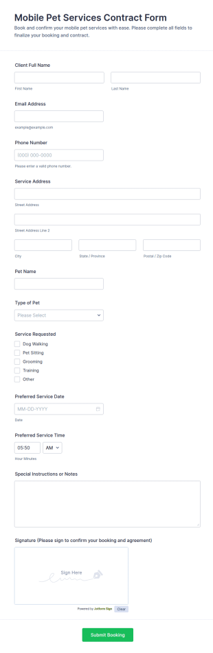Mobile Pet Services Contract Form Template