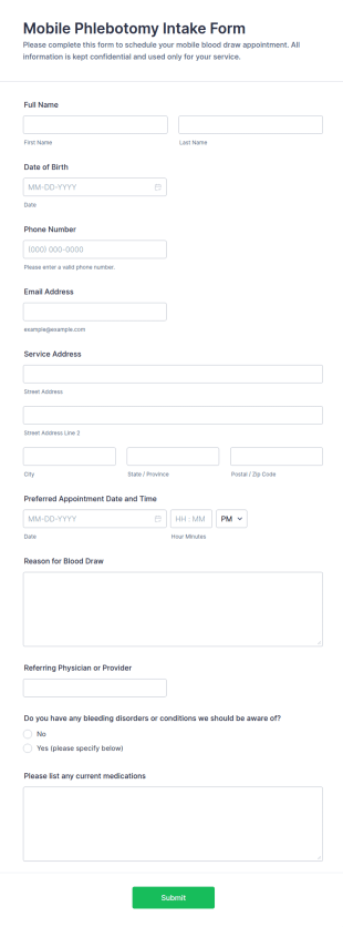 Mobile Phlebotomy Intake Form Template