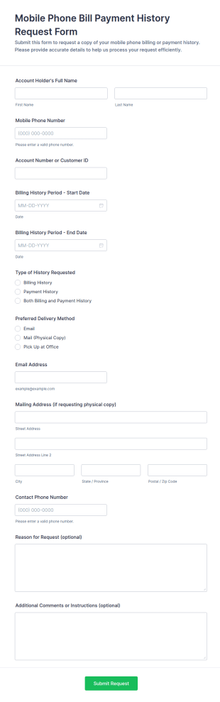 Mobile Phone Bill Payment History Request Form Template
