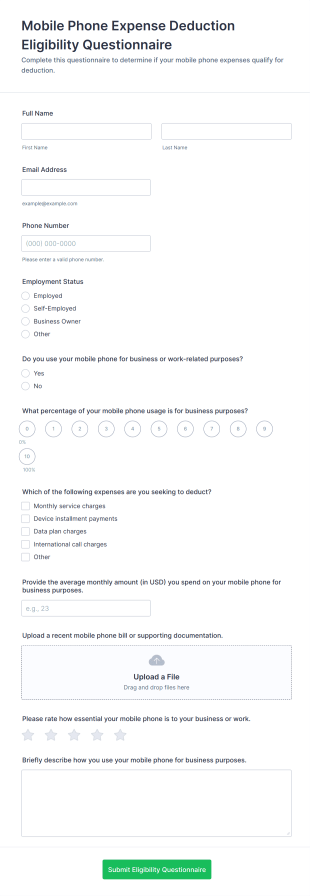 Mobile Phone Expense Deduction Eligibility Questionnaire Form Template