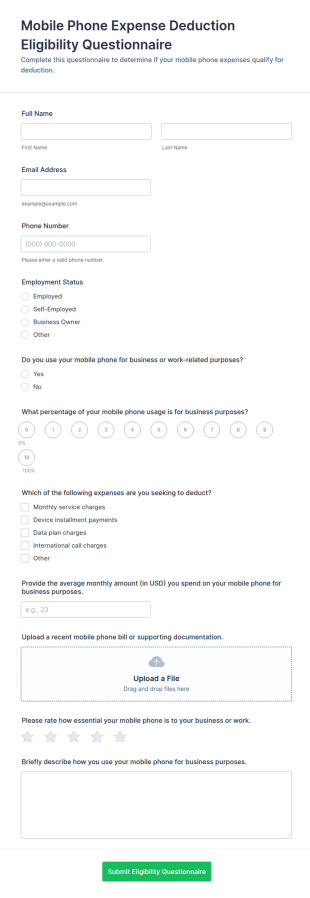 Mobile Phone Expense Deduction Eligibility Questionnaire Form Template