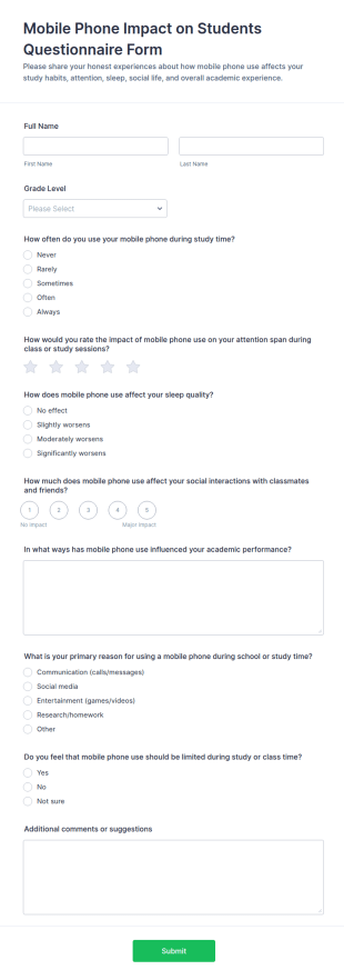 Mobile Phone Impact On Students Questionnaire Form Template