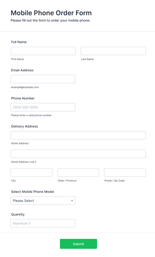 Mobile Phone Order Form Template