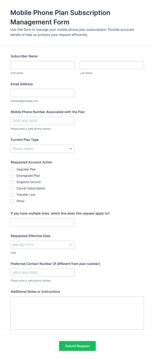 Mobile Phone Plan Subscription Management Form Template