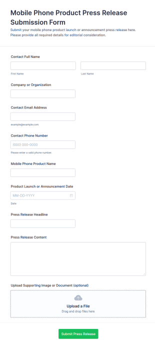 Mobile Phone Product Press Release Submission Form Template
