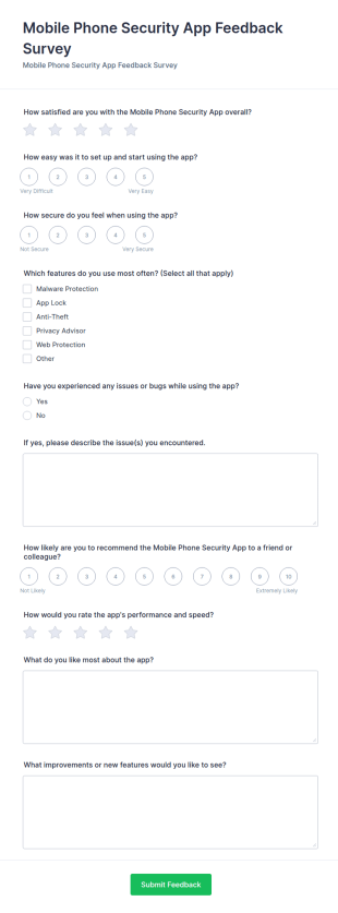 Mobile Phone Security App Feedback Survey Form Template