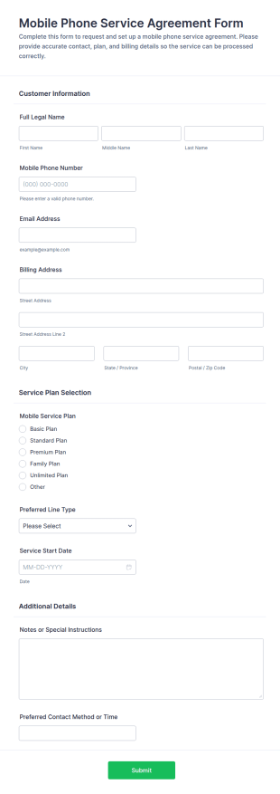 Mobile Phone Service Agreement Form Template