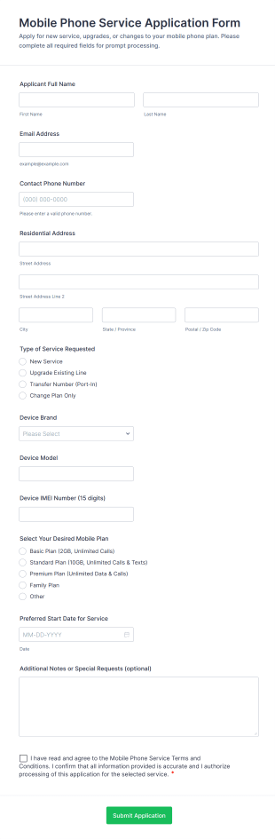 Mobile Phone Service Application Form Template