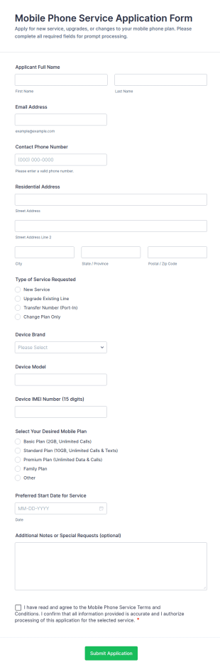 Mobile Phone Service Application Form Template